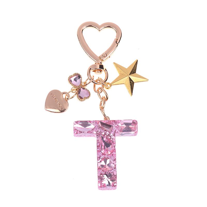 Cute  Bling Keychain A To Z Initial Letter Love Heart Star Pink For Women Girls Bag Cup Pendant Key Chain Accessories