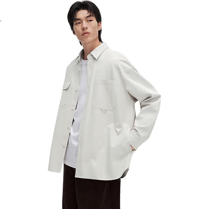 Taipingniao Men's Shirt, Casual Autumn Style, Large Pockets, Workwear, Subtle Texture Shirt for Men, White, 2XL