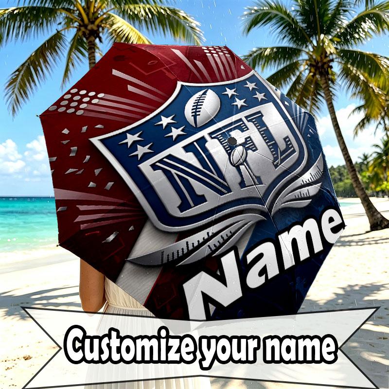 Custom Name Personalized NFL Print Umbrella, Auto Open Close, 8‑Rib Sturdy Frame, Commute Camping Hiking Use, Birthday Gift