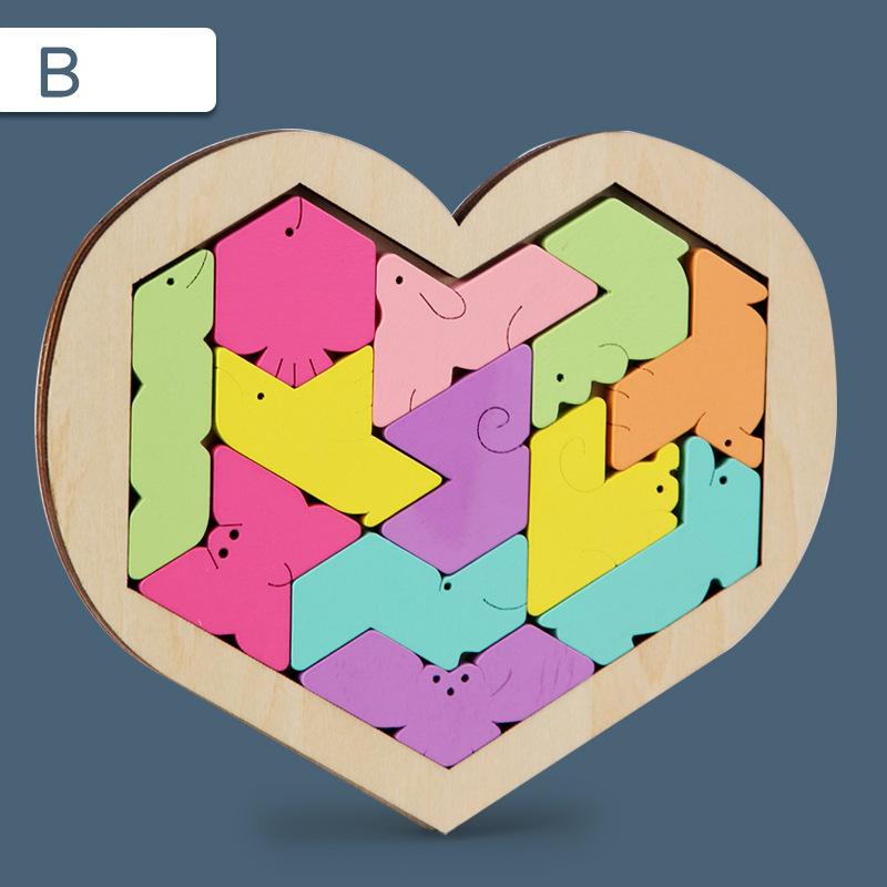 Dětská dřevěná 3D logická hra Barevná Jigsaw Tangram Matematické hračky Tvar srdce Dětské Montessori vzdělávací hračky