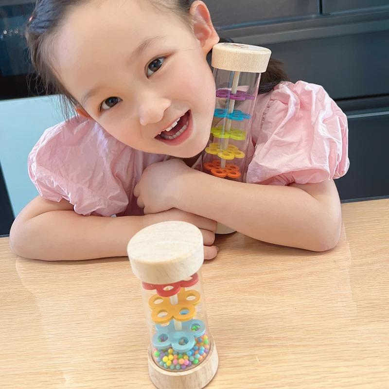 Montessori Rain Stick - Rainbow Hourglass Shaker with Rain Sounds, Baby Rattle Sensory Toy for kids