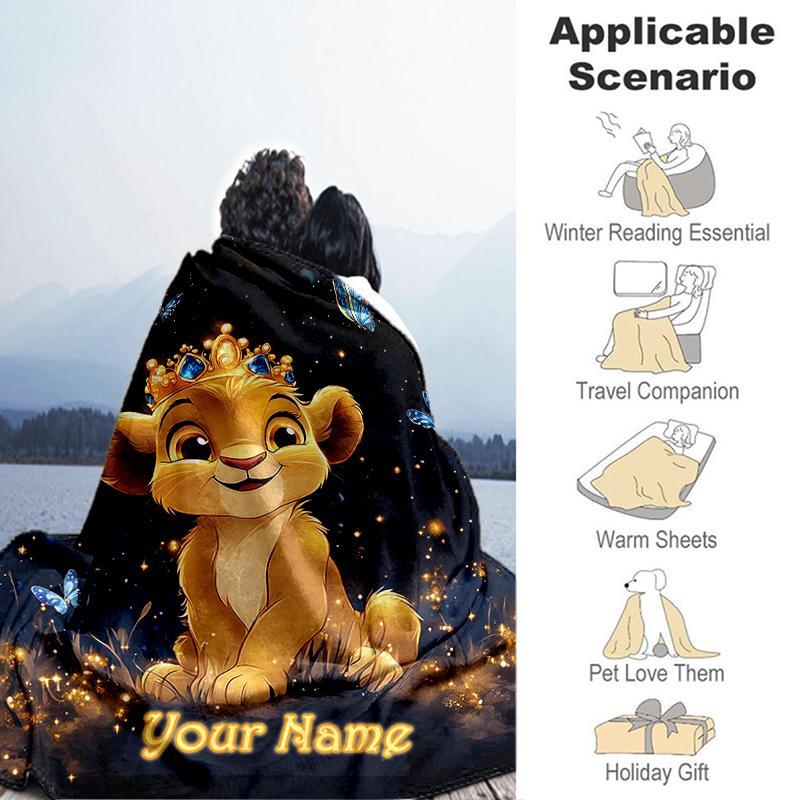 1PC Custom Name Royal Lion Cub Majesty flannel blanket versatile, all-season throw suitable for the living room, bedroom, camping, travel, and gift