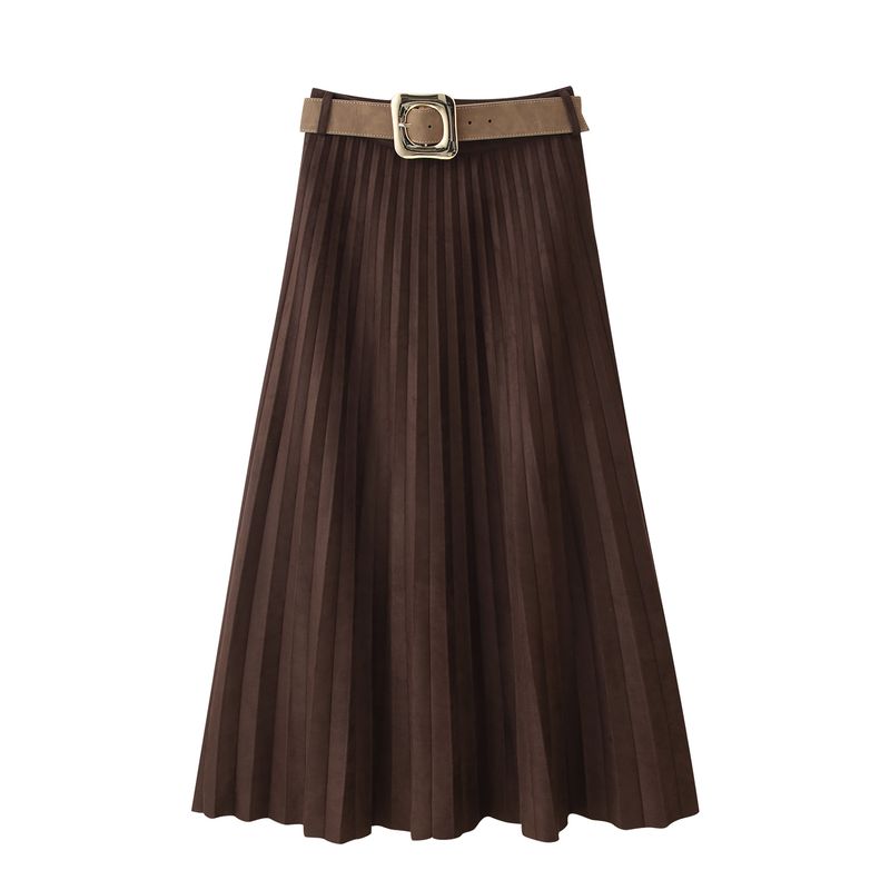 

Kaslead New Women clothes Western Style With Belt Suede Effect Pleated Midi Dress 3046252 711 Coffee L