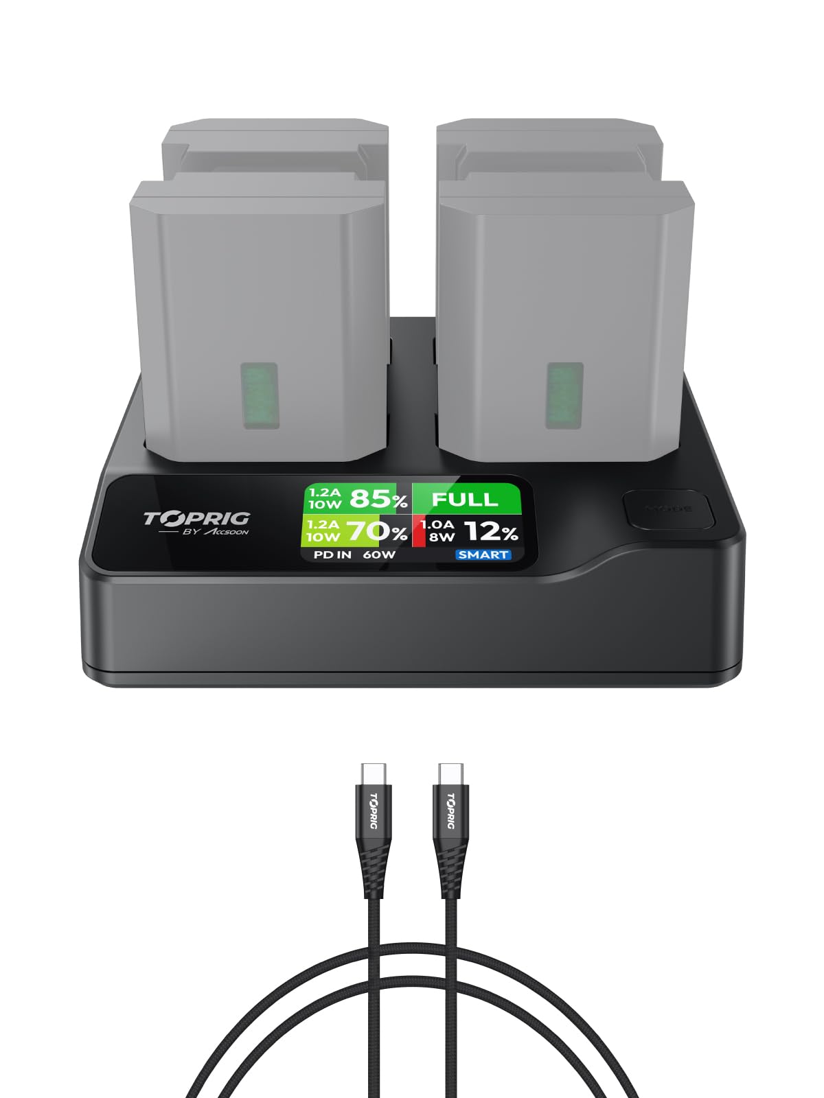 

Toprig Charger with PD60W Fast Replacement for Sony Cameras 4 Simultaneous LED Battery Level Compatible with 7R NP-FZ100 4-Channel Charging, USB-C