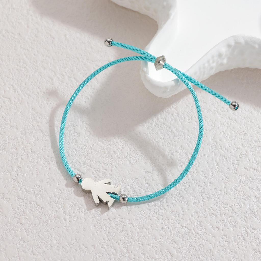 Minimalistisches blaues Seilarmband mit Herz-, Männchen- und runden Anhängern aus Edelstahl