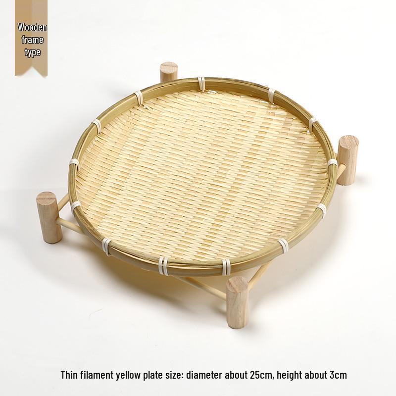 Handmade Bamboo Woven Basket Set - Round Winnowing Basket and Snack Plate for Hotel or Restaurant Use