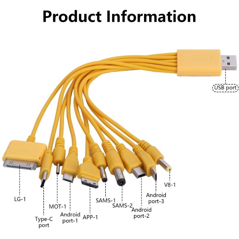 10 In 1 Mobile USB Cable Multi Charging Cable Multiple Charger Cable Multiple USB Fast Charging Cord 23cm/9.06in