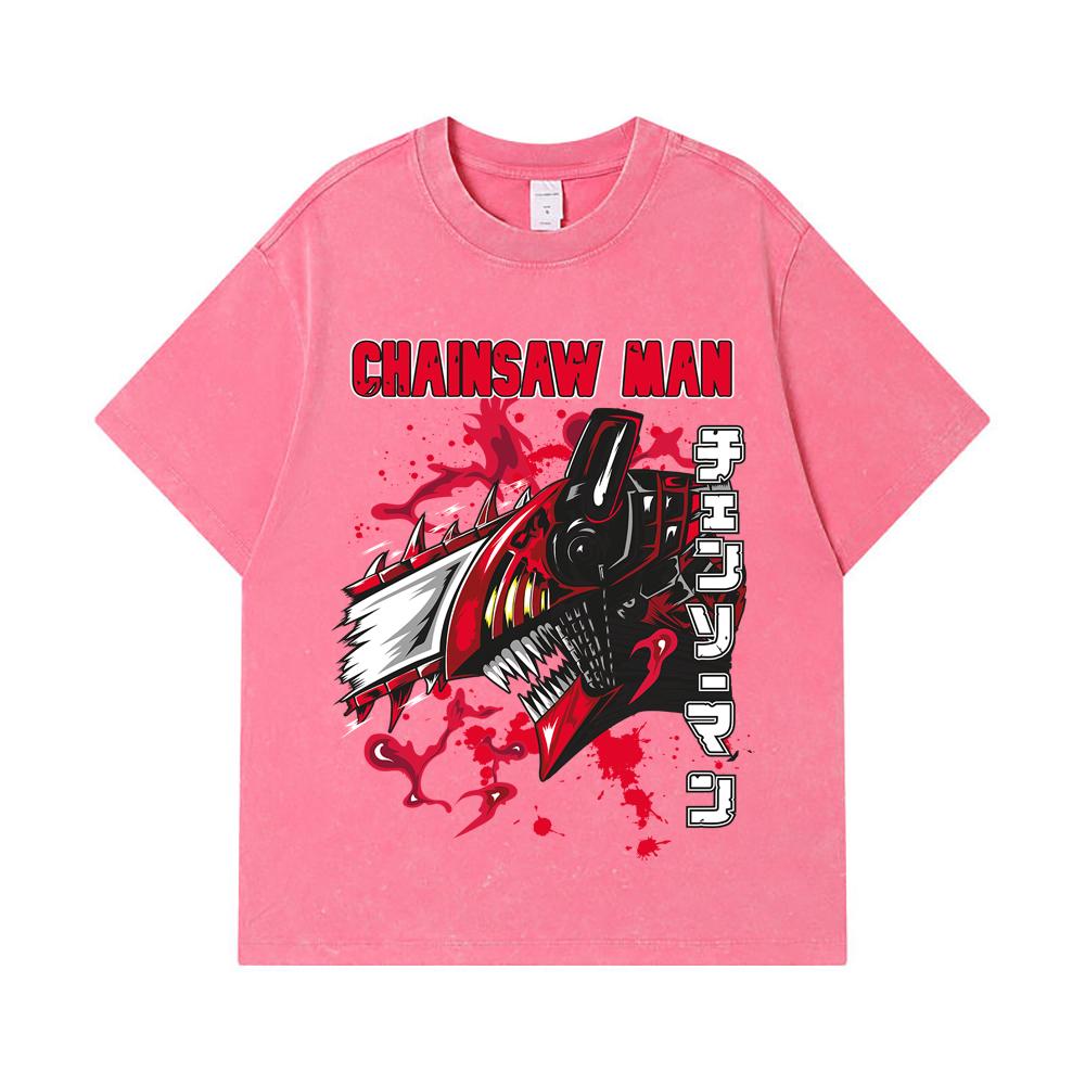 275 GSM Washed T-shirts 100% Cotton Chainsaw Man V47 Denji Print Unisex Heavy Cotton T Shirt