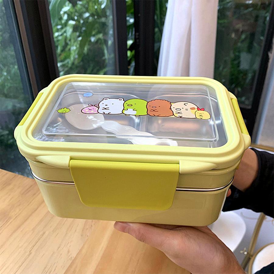 Portable Stainless Steel Lunch Box Double Layer Cartoon Food Container Box Microwave Bento Box for Kids Children Picnic School