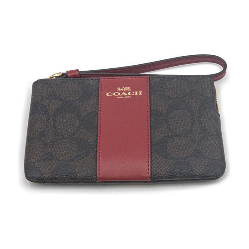 Coach Corner Zip Monogram Canvas And Leather Wristlet Clutch Coin Purse Women Wristlet Dark-Brown Red 58035-IMRVQ