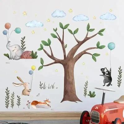 Grote Boom Konijn Ballon Cartoon Behang Woonkamer Kinderkamer Schattige Decoratieve Muurstickers Zelfklevende Muurstickers