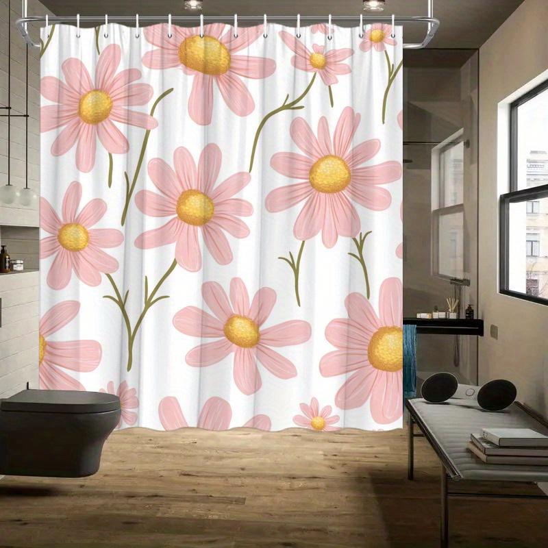 

1 Playful Pink Daisy Floral Shower Curtain With Soft Textured Design On White Background With Hooks, Machine Washable W60H190(CM)-1 Pcs