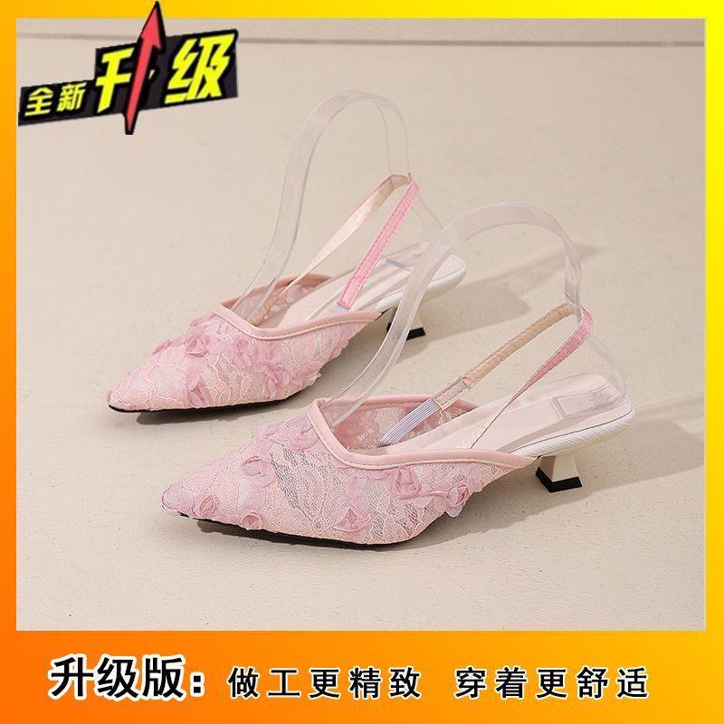 Gentle Pointed Head with Bag Head Thick Heel Half Slippers Outer Wear Women's 2025 Spring and Summer New Fashion Mesh Cool Slippers