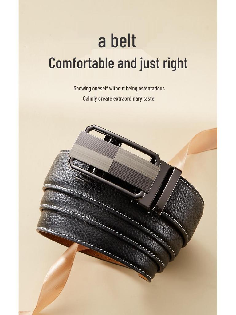Men's Top Grain Cowhide Leather Belt with Automatic Buckle - Genuine, Casual, Versatile Style