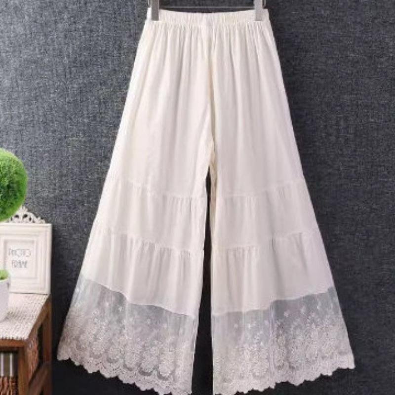 Sweet and Fresh Cropped Pants In Spring and Summer, Loose Oversized Embroidered Patchwork Lace Solid Color Micro Flared Pants