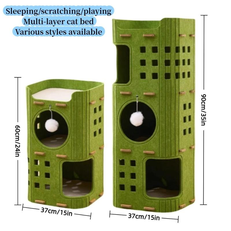 Japanese Style 2 Floors/3 Floors Cat House with Holes All-in-one Cat Bed Green Durable Cat Condo Pet House