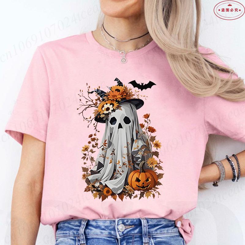 Halloween Boo with Pumpkin Print Womens TShirts Crew Neck TShirt Short Sleeve Casual Top for Spooky Season Womens Clothing