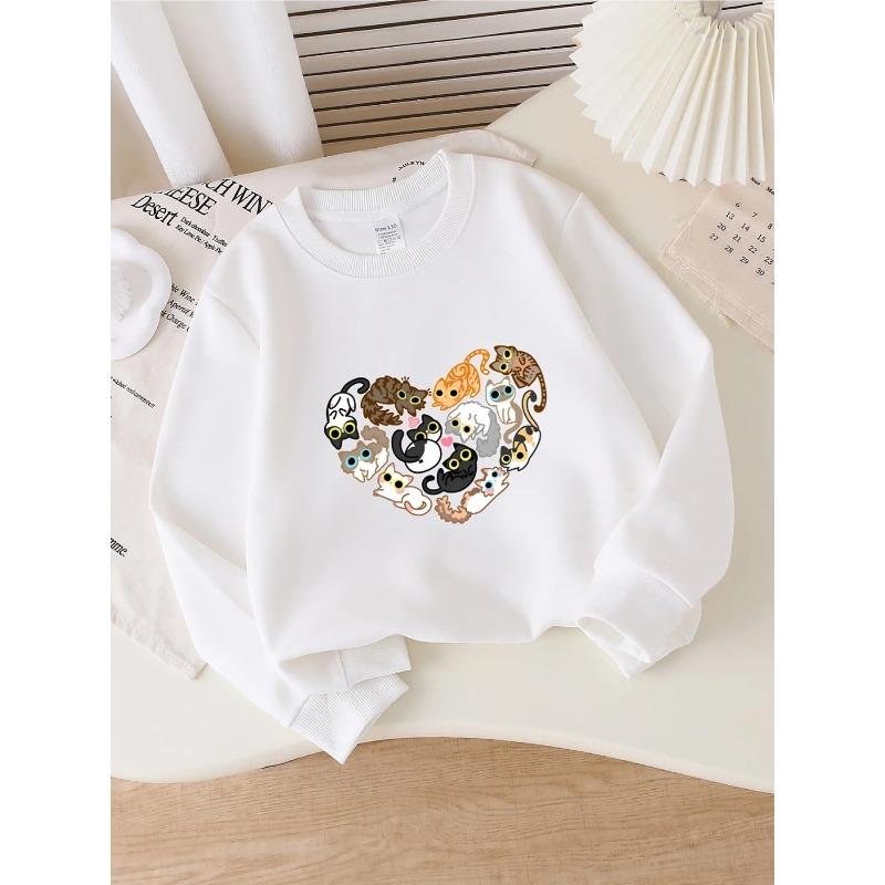 Girls' Crewneck Sweatshirt - Cute Cats In Heart Shape Pattern Machine Washable, Spring And Autumn, Sportswear And Casual Wear, Soft