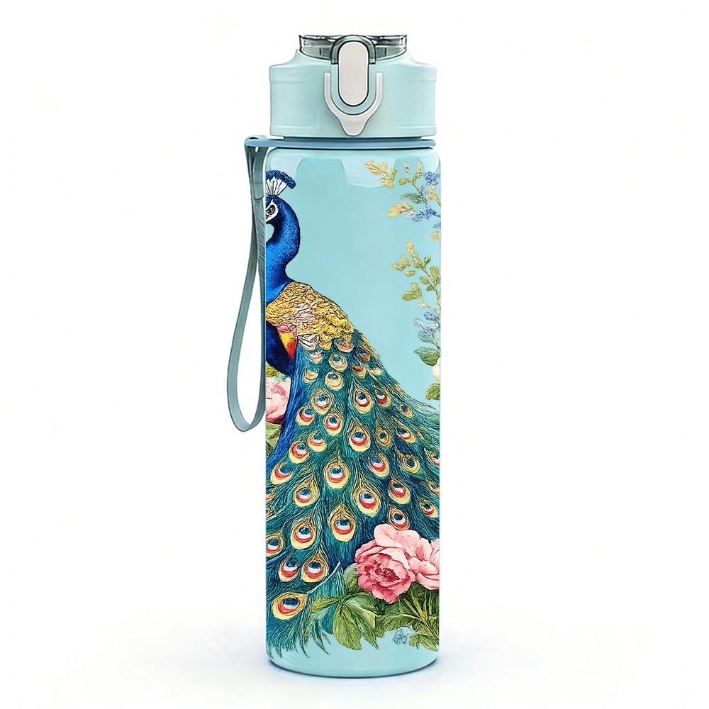 1PC Peacock Flower Botanical Art Print 750ml Color Plastic Sports Water Bottle Leakproof Flip Straw Lid Suitable for Sports Office Home Use