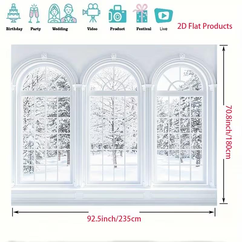2D Bright Snowy Forest Scene Backdrop, Triple Arched Windows View Photography Background