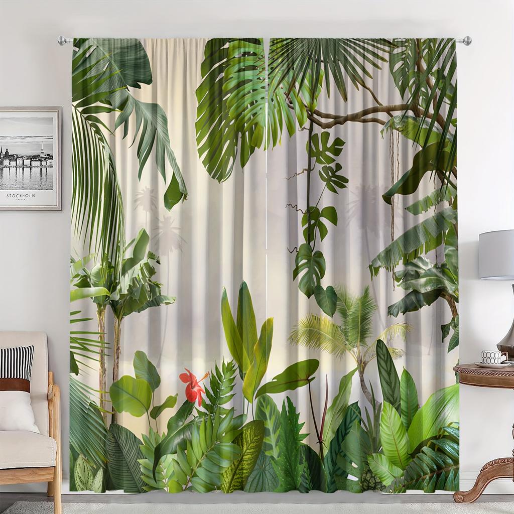 2pcs Nordic Green Plant Leaves Curtains-Light-Filtering WindowTreatment for Kitchen, Living Room, Office, and Bedroom Decor