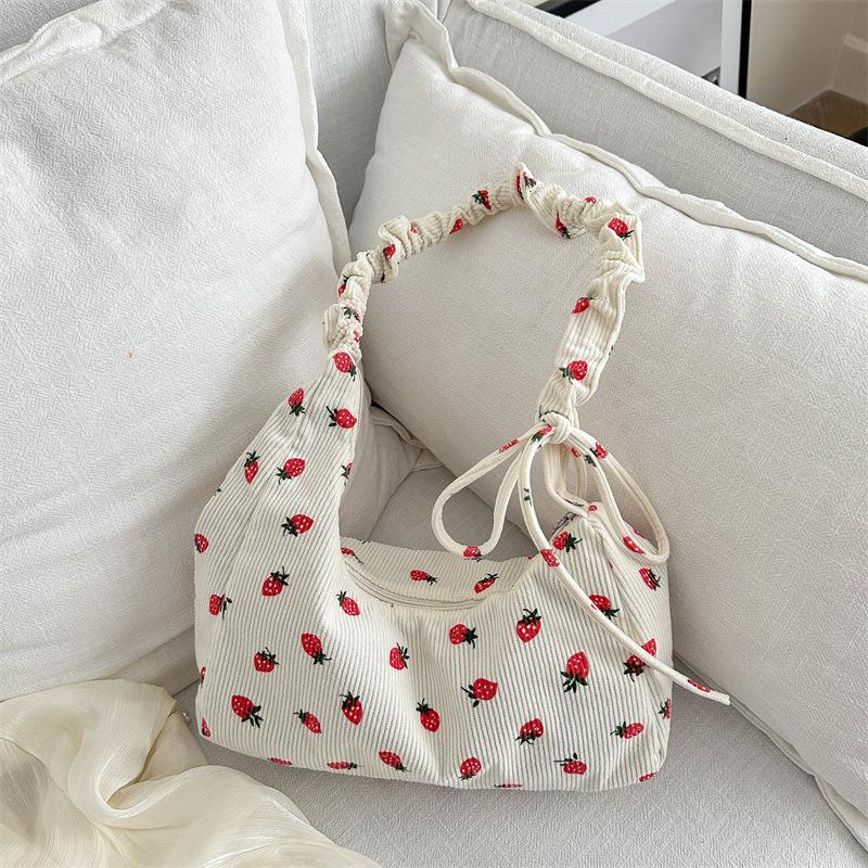 Niche design bag women's 2025 summer new corduroy strawberry printing high value single shoulder underarm dumpling bag