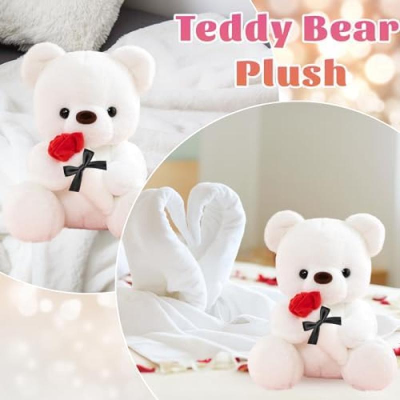 LIHIQIYA White Teddy Bear 25cm, Teddy Bear Holding Rose Plush Toy, Valentine's Day/Easter Gift for Girlfriend Wife