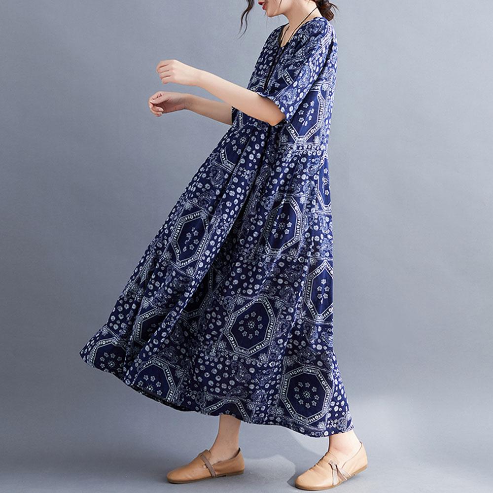 Vintage Women Cotton Linen Dress Print Spliced Striped O Neck Short Sleeve Pocket Loose Dress