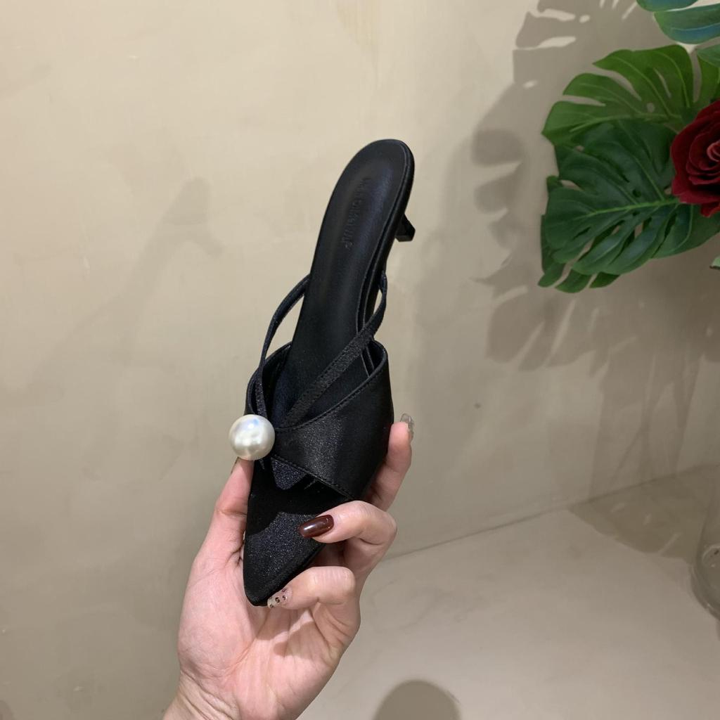 2025 summer new European and American style medium and high stiletto women's slippers pointed toe open toe foot strap wear evening shoes