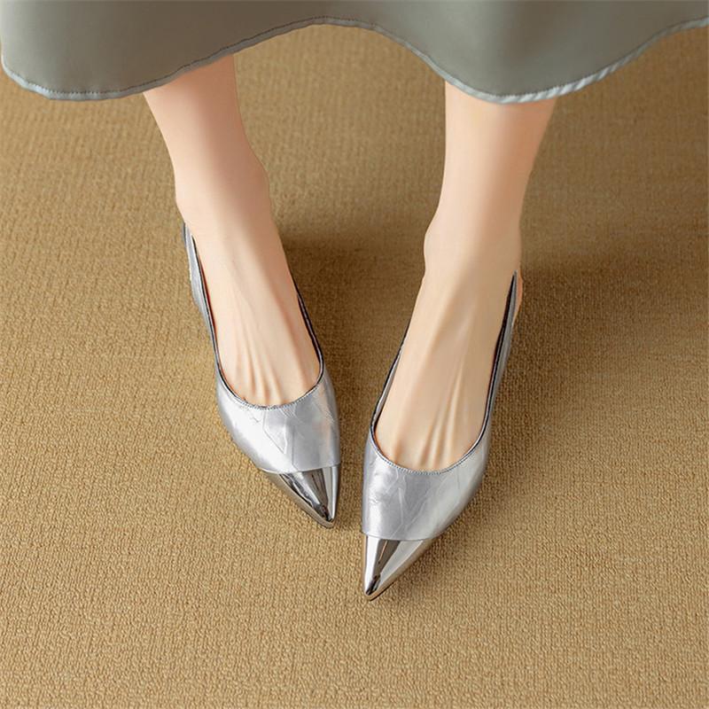 Fashion New Summer Sandals Cover Toe Sandals for Women Genuine Leather Sandals Fashion Metal Pointed Toe Low Heels Office Women Shoes