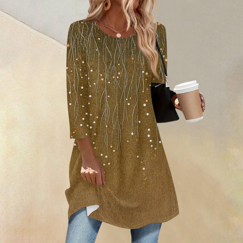 Damenmode Lässig Dreiviertelärmel Lang Blumenmuster Rundhals Oberteil