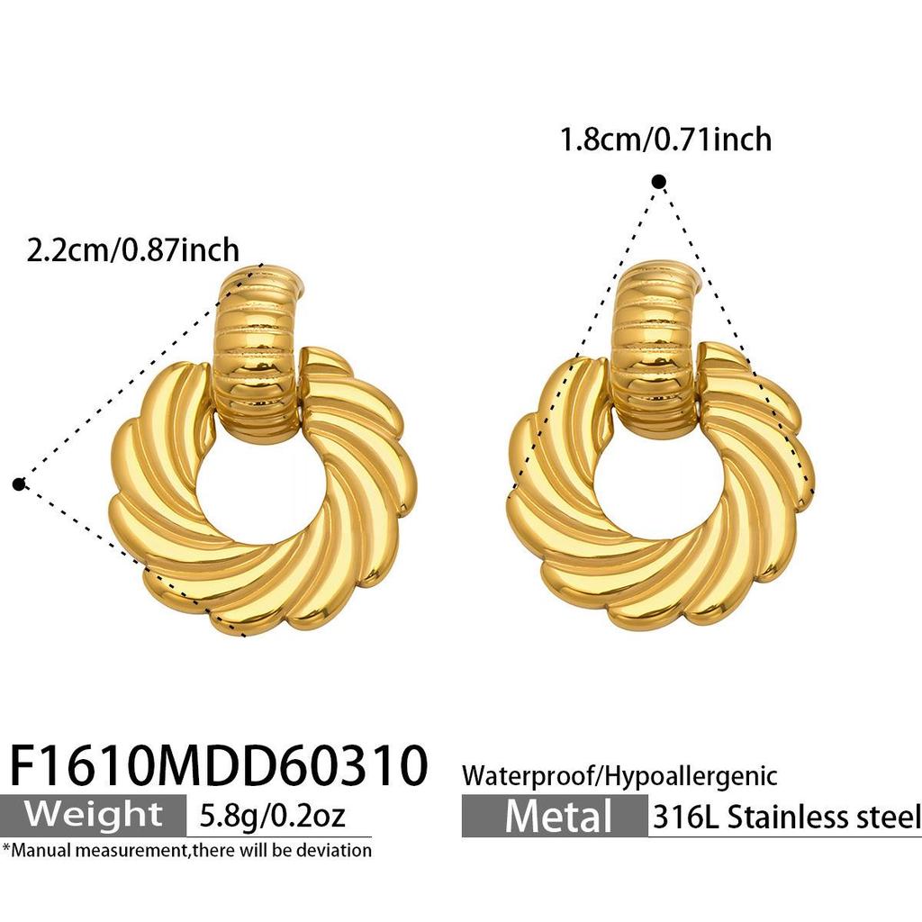 18K Gold Plated Twisted Circle Stud Earrings - European & American Fashion, Stainless Steel Whirlwind Design