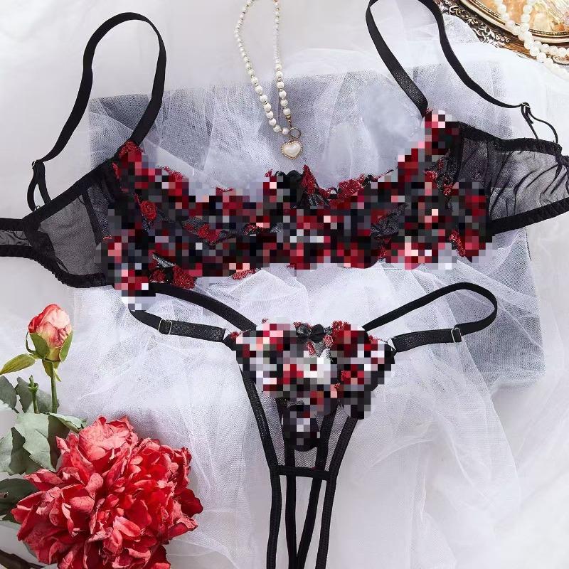 Sexy lingerie women s fashion flower embroidery perspective mesh gathering bra set S