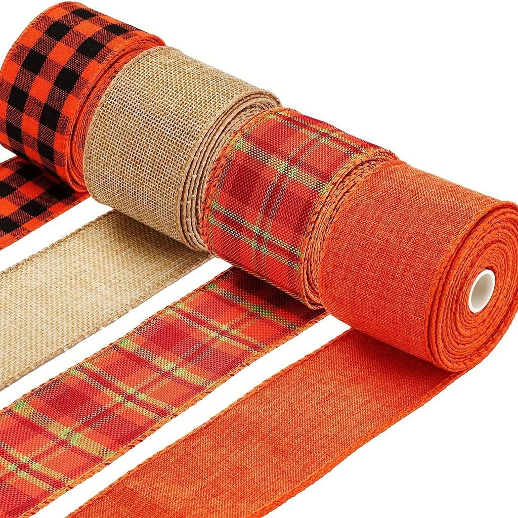 Catching Thanksgiving Eye Burlap Ribbon Set With Elegant Orange Checkered Patterns For Styling Home