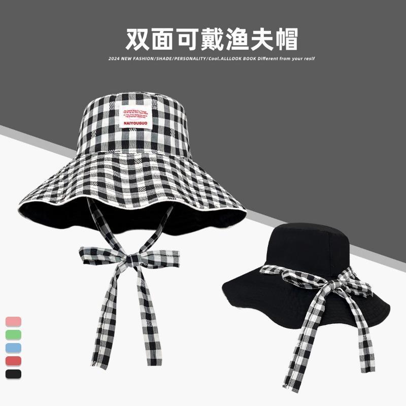 Plaid wide edge strap bucket hat women's summer big brim showing face small sun hat sun protection hat basin hat