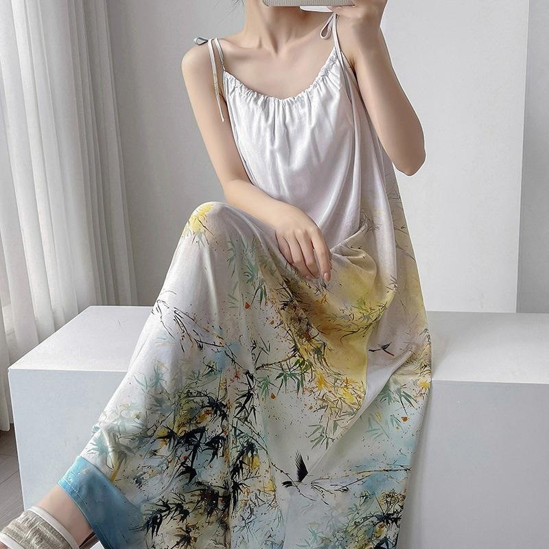 Cotton silk nightdress casual holiday wind gradual change color printing long dress loose suspenders summer dress pajamas