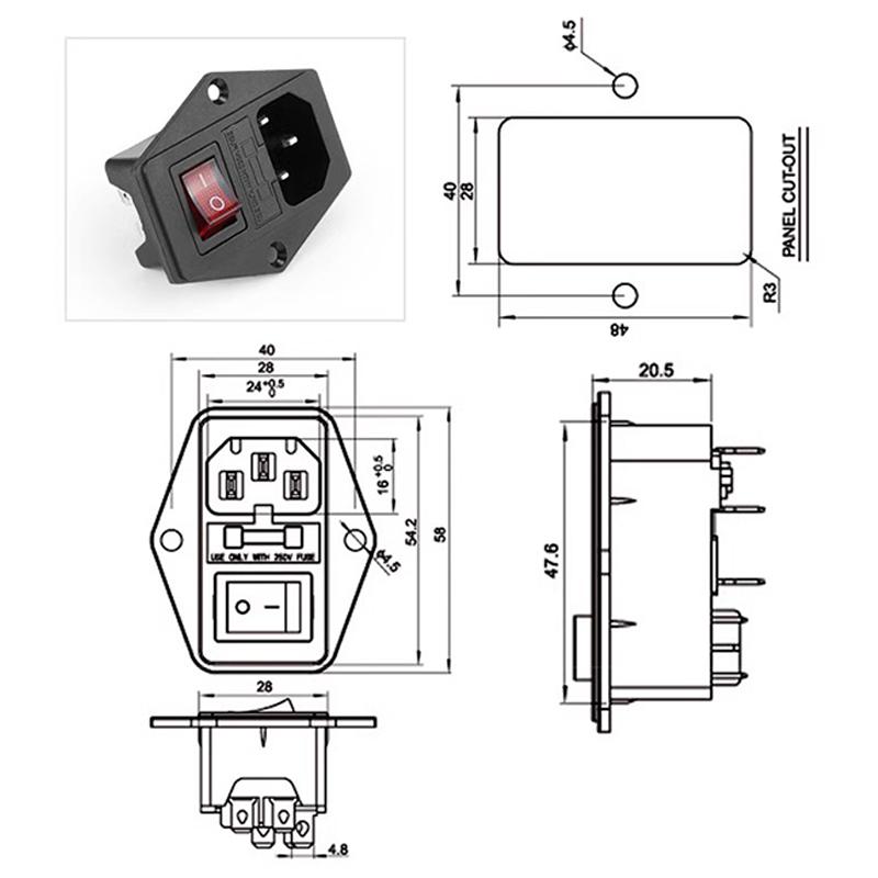 10A250V Plug Fuse Rocker Switch Male Power Socket IEC320 C14 Connector AC-01A Plug and Fuse DlY Parts