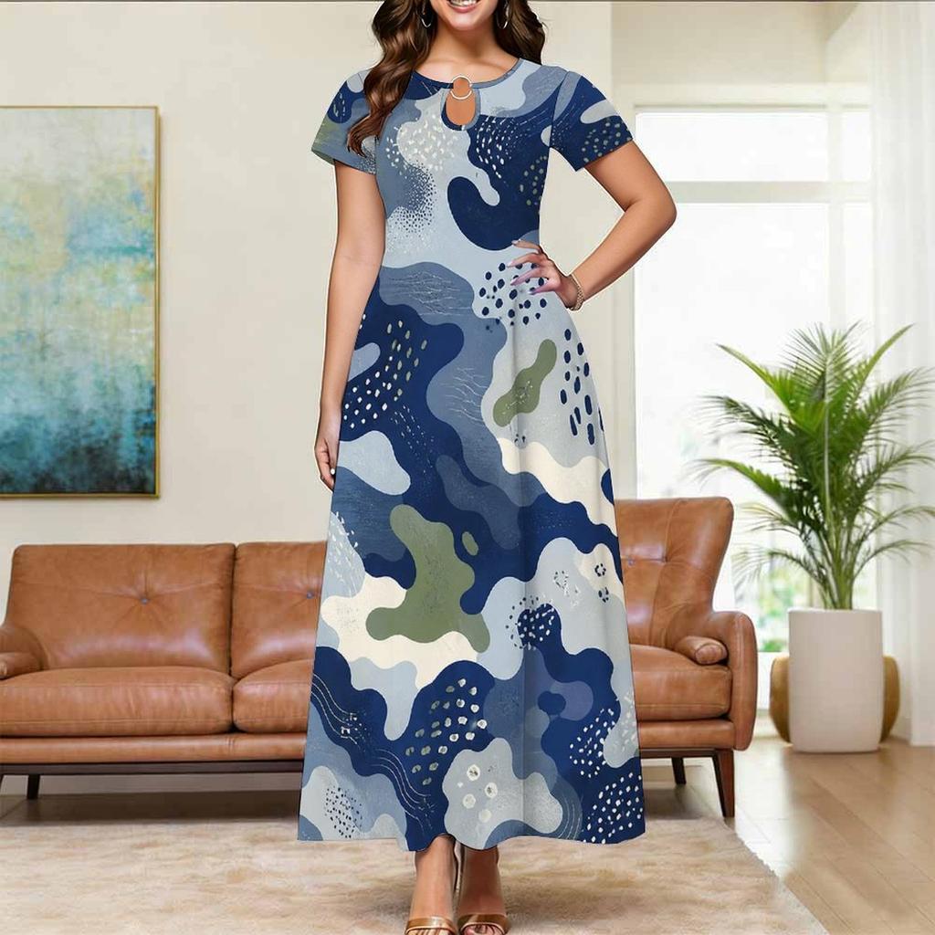 Women Plus Size Round Neck Keyhole Cutout Short Sleeve Leaves Printed Maxi Dress