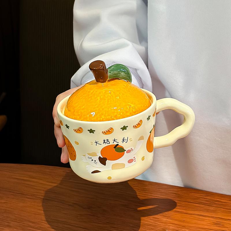 Cadou de Anul Nou al Anului Șarpelui Noroc Noroc Cană Drăguță cu Pisică Portocalie cu Capac Cadou de Ziua de Naștere pentru Fată