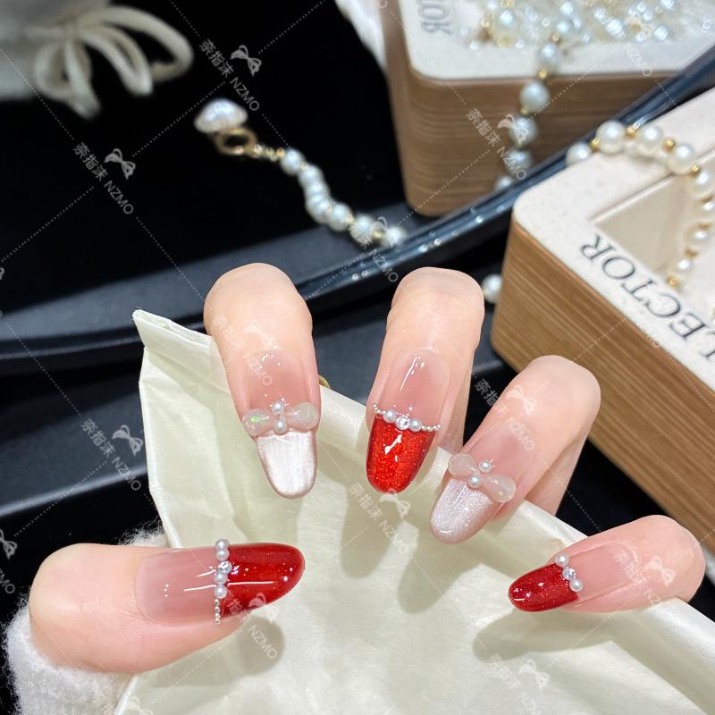 L89 Red French Hand-Painted Medium Length Wearable Nails