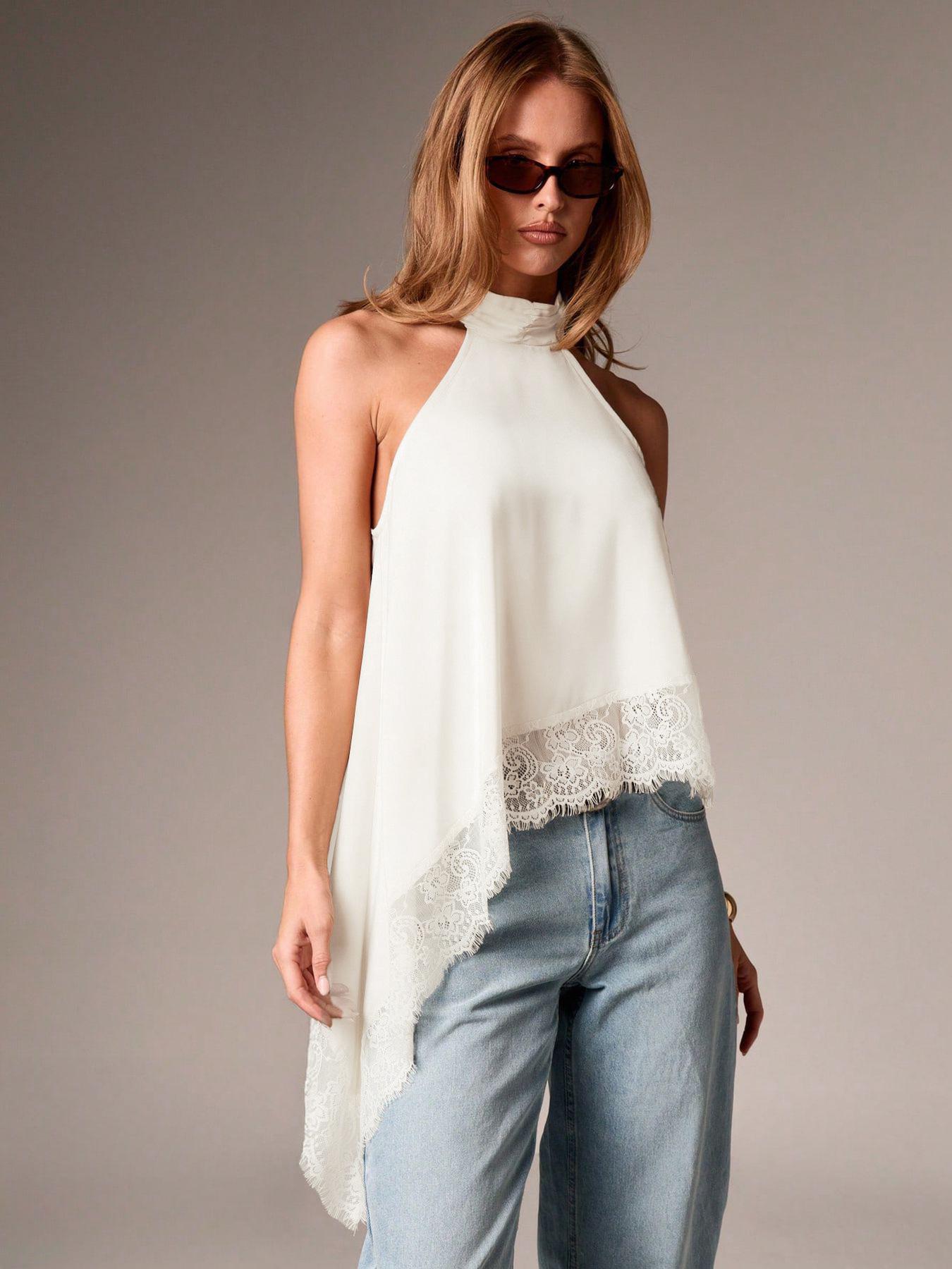 

European & American Women s Summer Satin Halter Top with Lace Trim M білий