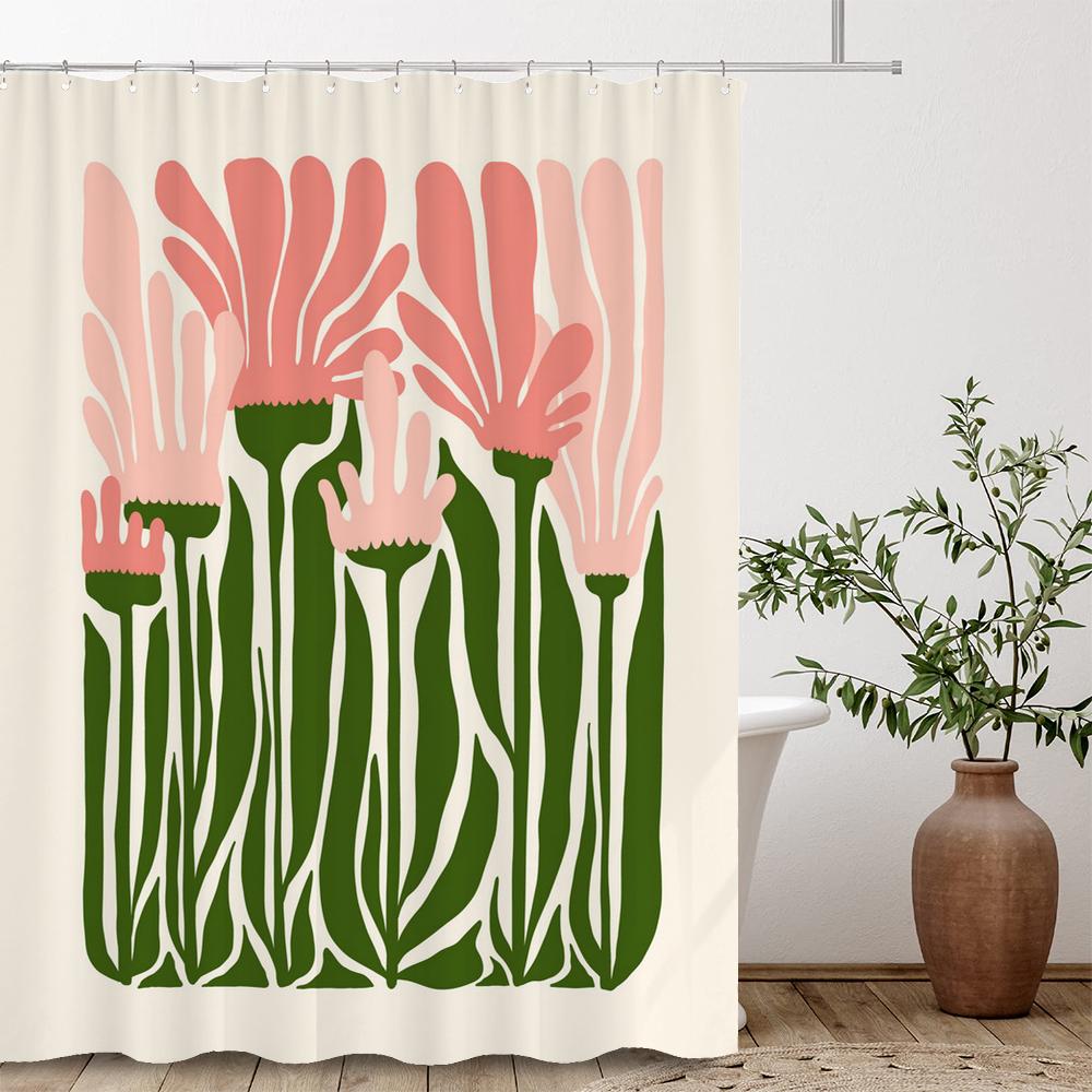 Artistic Abstract Plants and Flowers Print Shower Curtain Polyester Fabric Bath Curtain With Hooks Curtains For Bathroom Decor