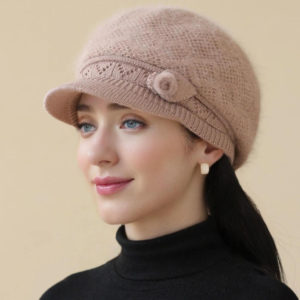 Women Winter Hat Plush Fur Lined Warm Cap For Women Casual Rabbit Fur Blend Streetwear Outdoor Fashion Knitted Hat