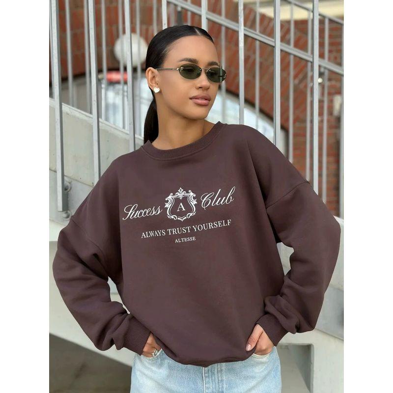 

New Printed round Neck Top Western Style New Fashion Casual Loose Print Hoodie Top Dark Curry (thin/thin) 3XL