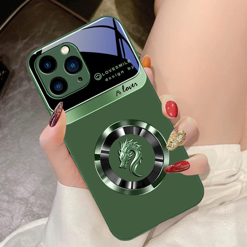 Light Luxury Circular Dragon Green For IPhone 15 Pro 14 13 12 Mini 11 XS Max XR 7 8 Plu SE 2020 2022 Tempered Glass Phone Case