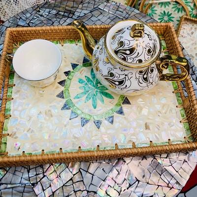 Handmade Rattan Serving Tray with Mosaic Design - Multipurpose Decorative Accessory for Coffee Tea or Aromatherapy - Ideal Gift for Holidays