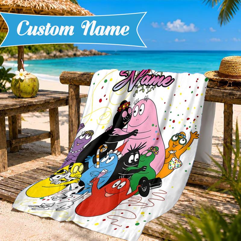 Custom Name Colorful Cartoon Barba-papa Heart In Space Adventure Microfiber Beach Towel, Lightweight for Summer Travel, Swimming Pool Fan Gift