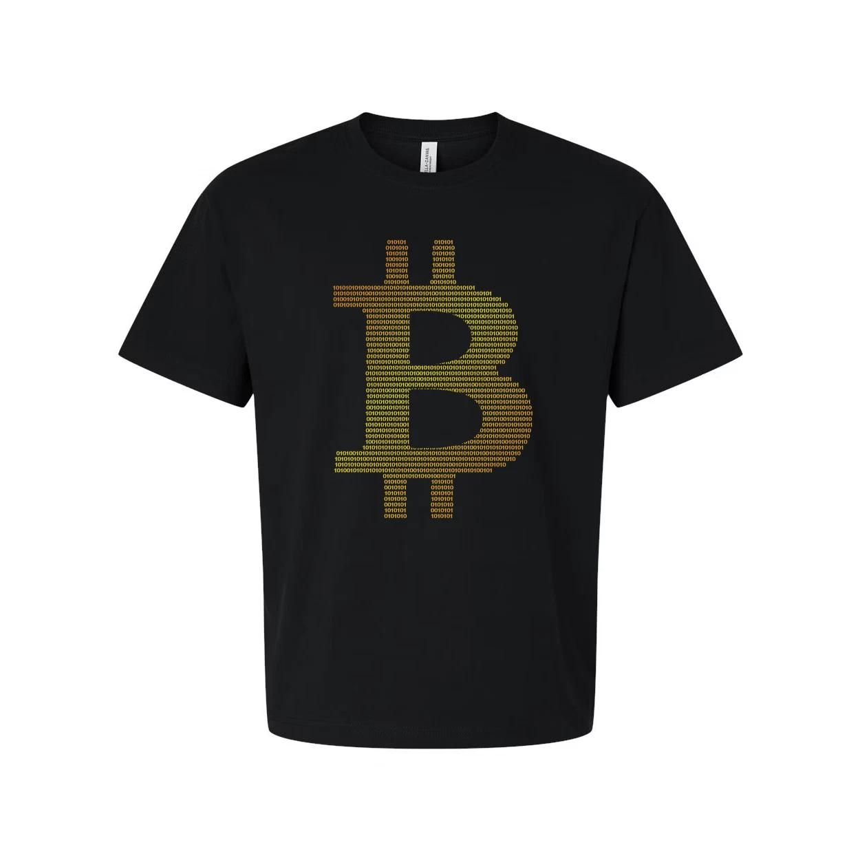 

Unisex Crypto T Shirt With Digital Bitcoin Symbol Made From Binary Dots Artwork XL