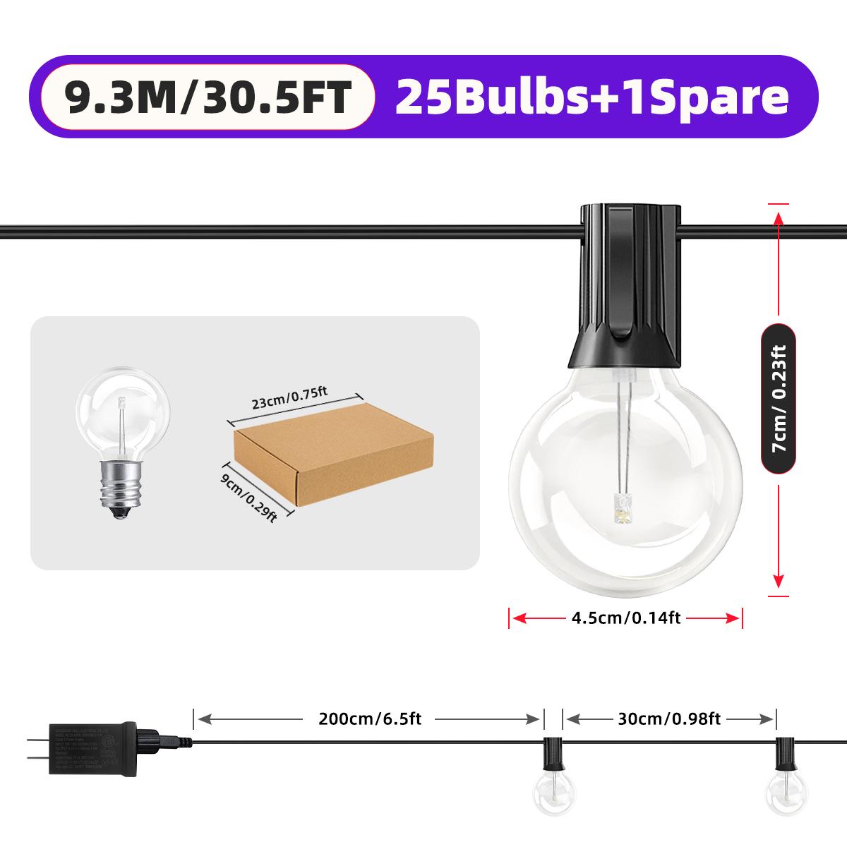 

31-футовая светодиодная гирлянда G40 для патио, 25+1 лампочка, водонепроницаемая уличная гирлянда для сада, декор для рождественской вечеринки в пабе