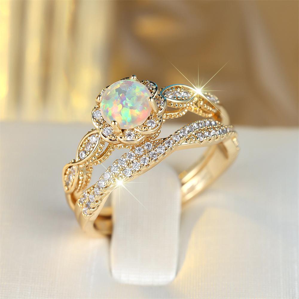 White Fire Opal Round Stone Ring Sets For Women Vintage Gold Color Engagement Rings Set Wedding Jewelry Bridal Versatile Gifts